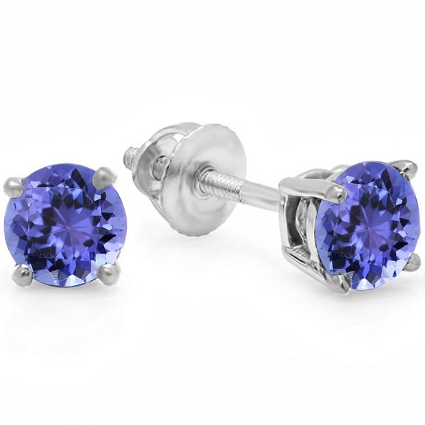 1.50 Carat (ctw) 14K White Gold Round Cut Tanzanite Ladies Solitaire Stud Earrings 1 1/2 CT