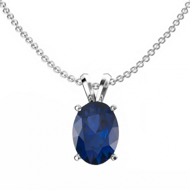 1.50 Carat (ctw) Sterling Silver Oval Cut Blue Sapphire Ladies Solitaire Pendant (Chain Included) 1 1/2 CT