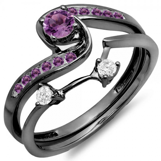 0.50 Carat (ctw) Black Rhodium Plated 10K White Gold Round Diamond & Amethyst Ladies Swirl Bridal Engagement Ring Matching Band Set 1/2 CT