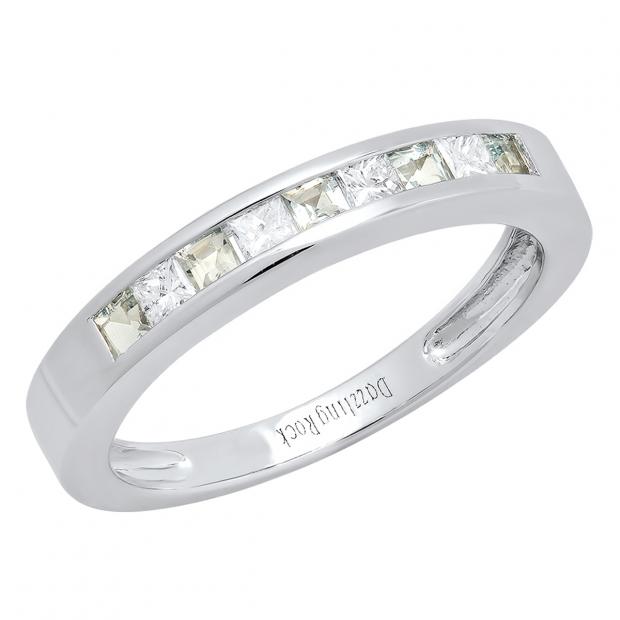 0.75 Carat (ctw) 10K White Gold Princess Cut Aquamarine & White diamond Ladies Anniversary Wedding Band Stackable Ring 3/4 CT