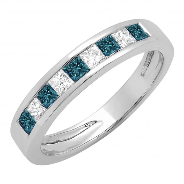 0.50 Cttw Princess Blue & White Diamond Channel Set Wedding Band for Women in 14K White Gold