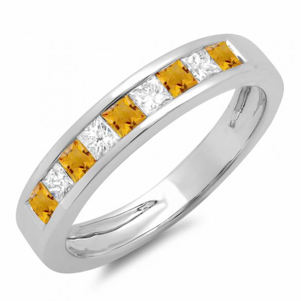 Alternate Princess Citrine & White Diamond Channel Set Wedding Band for Women in 14K White Gold