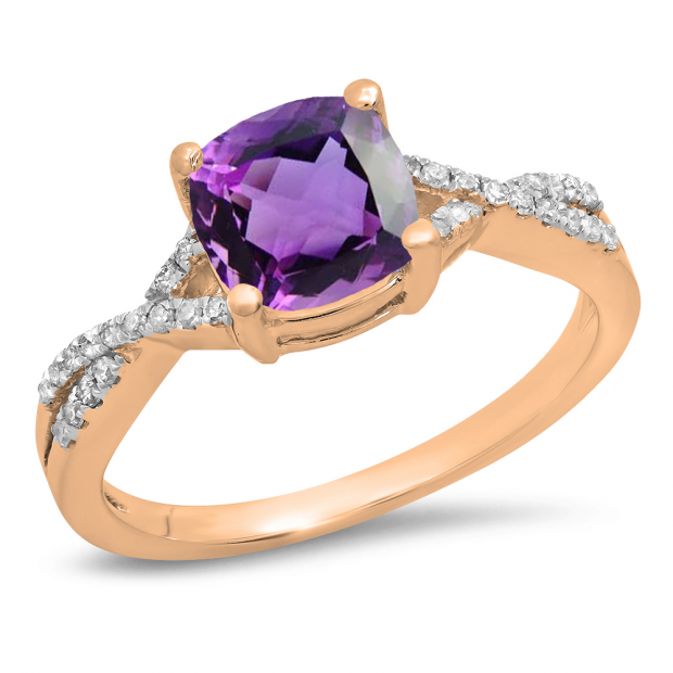 1.45 Carat (ctw) 10K Rose Gold Cushion Cut Amethyst & Round White Diamond Ladies Swirl Split Shank Bridal Engagement Ring 1 1/2 CT