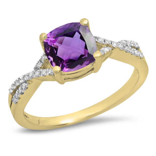 1.45 Carat (ctw) 10K Yellow Gold Cushion Cut Amethyst & Round White Diamond Ladies Swirl Split Shank Bridal Engagement Ring 1 1/2 CT