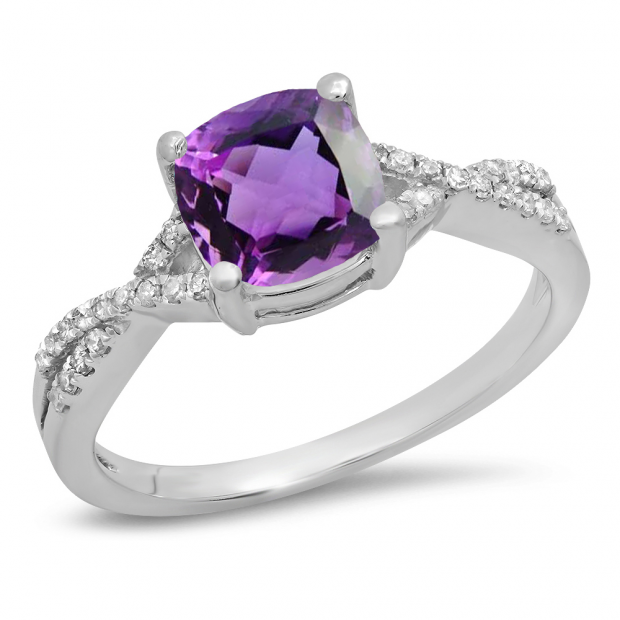 1.45 Carat (ctw) 18K White Gold Cushion Cut Amethyst & Round White Diamond Ladies Swirl Split Shank Bridal Engagement Ring 1 1/2 CT