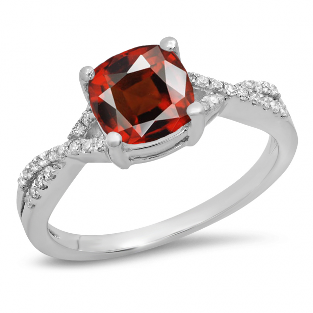 1.45 Carat (ctw) 14K White Gold Cushion Cut Garnet & Round White Diamond Ladies Swirl Split Shank Bridal Engagement Ring 1 1/2 CT