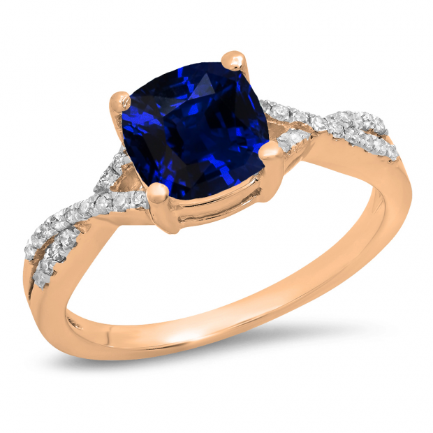 1.45 Carat (ctw) 10K Rose Gold Cushion Cut Blue Sapphire & Round White Diamond Ladies Swirl Split Shank Bridal Engagement Ring 1 1/2 CT