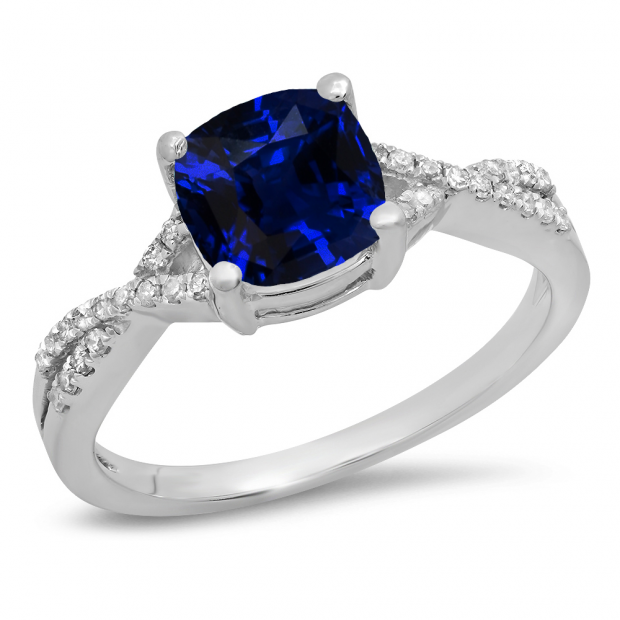 1.45 Carat (ctw) 14K White Gold Cushion Cut Blue Sapphire & Round White Diamond Ladies Swirl Split Shank Bridal Engagement Ring 1 1/2 CT