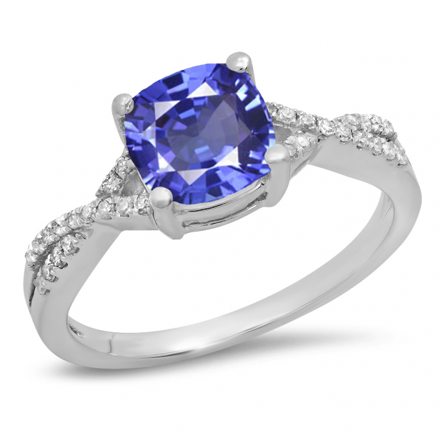 1.45 Carat (ctw) 14K White Gold Cushion Cut Tanzanite & Round White Diamond Ladies Swirl Split Shank Bridal Engagement Ring 1 1/2 CT