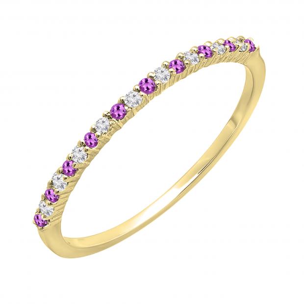 0.10 Carat (ctw) 10K Yellow Gold Round Amethyst & White Diamond Ladies Anniversary Wedding Band Stackable Ring