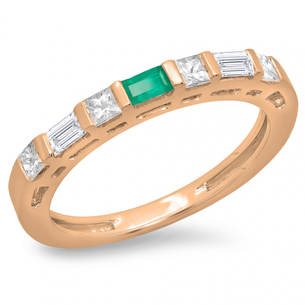 0.60 Carat (ctw) 14K Rose Gold Baguette Cut Emerald & Princess & Baguette Cut Diamond Ladies Anniversary Wedding Band Stackable Ring