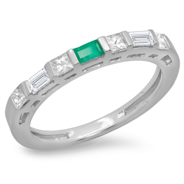 0.60 Carat (ctw) 14K White Gold Baguette Cut Emerald & Princess & Baguette Cut Diamond Ladies Anniversary Wedding Band Stackable Ring