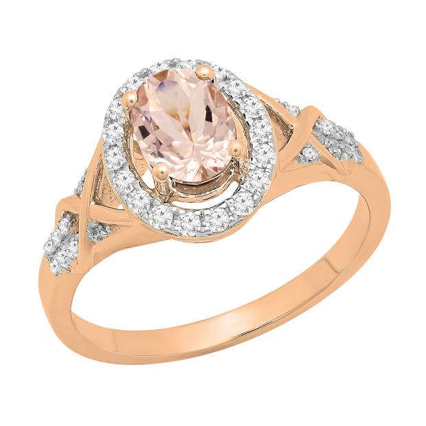 7x5mm Oval Morganite & Round White Diamond Split Shank Halo Engagement Ring for Women (0.25 ctw, Color I-J, Clarity I2-I3) 10K Rose Gold