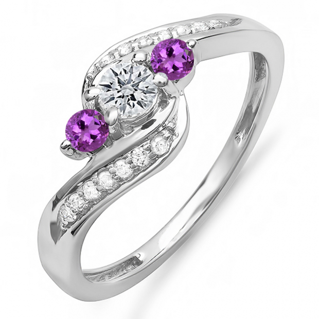 0.50 Carat (ctw) 14K White Gold Round Amethyst & White Diamond Ladies Swirl Engagement 3 Stone Bridal Ring 1/2 CT