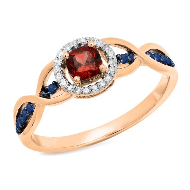0.55 Carat (ctw) 10K Rose Gold Cushion Garnet & Round Blue Sapphire & White Diamond Ladies Swirl Split Shank Halo Style Bridal Engagement Ring 1/2 CT
