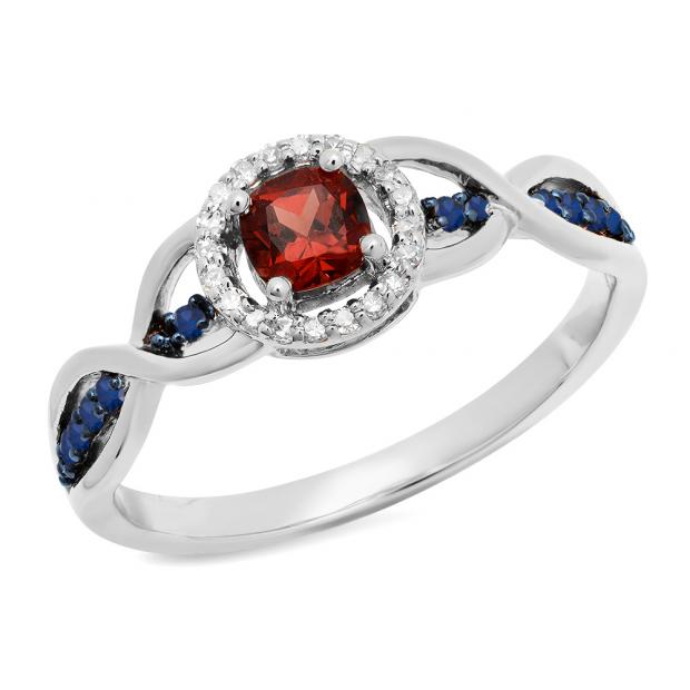 0.55 Carat (ctw) 10K White Gold Cushion Garnet & Round Blue Sapphire & White Diamond Ladies Swirl Split Shank Halo Style Bridal Engagement Ring 1/2 CT