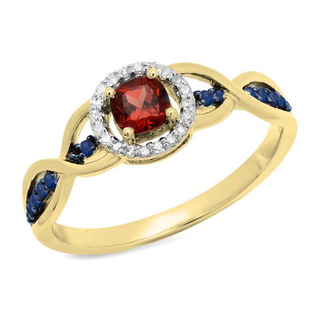 0.55 Carat (ctw) 10K Yellow Gold Cushion Garnet & Round Blue Sapphire & White Diamond Ladies Swirl Split Shank Halo Style Bridal Engagement Ring 1/2 CT