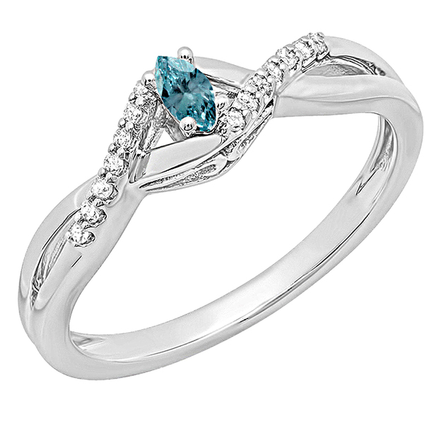 0.15 Carat (ctw) 10K White Gold Marquise & Round Blue & White Diamond Ladies Bridal Crossover Swirl Promise Engagement Ring