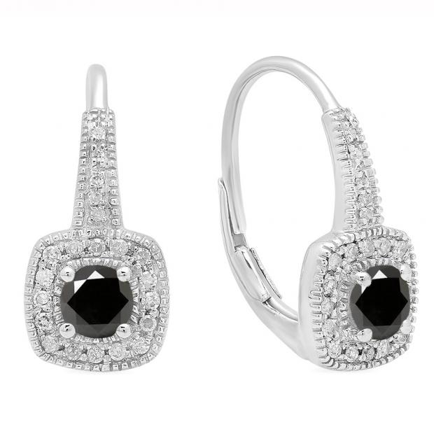 0.65 Carat (ctw) 18K White Gold Round Cut Black & White Diamond Ladies Halo Style Dangling Earrings
