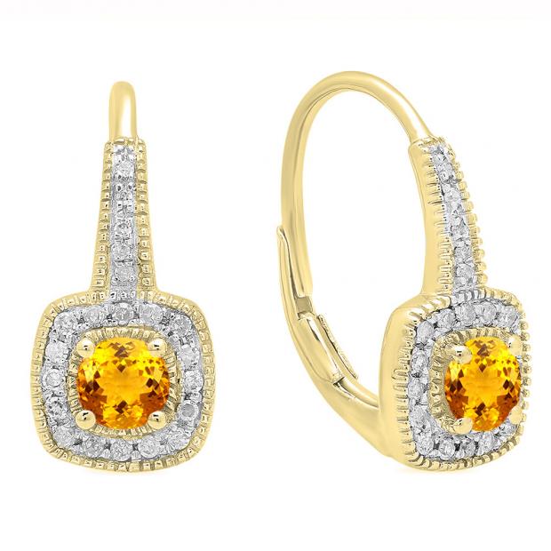 0.65 Carat (ctw) 10K Yellow Gold Round Cut Citrine & White Diamond Ladies Halo Style Dangling Earrings