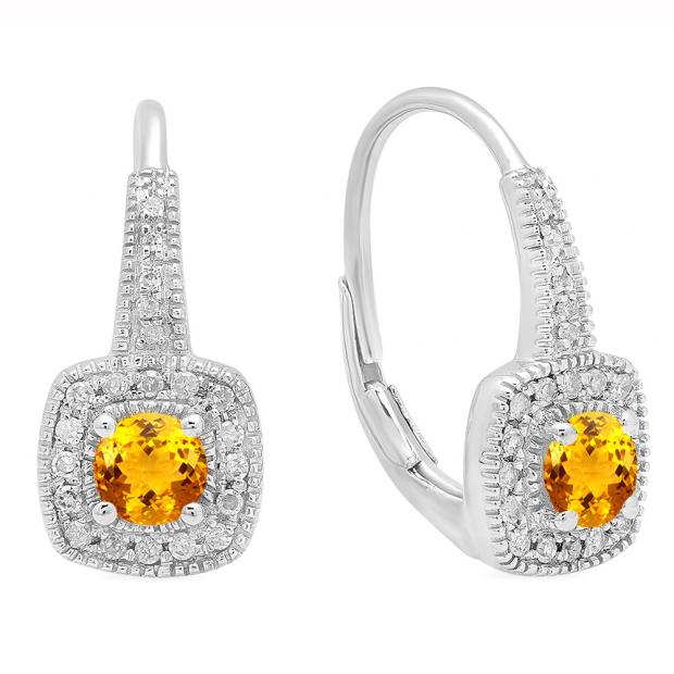 0.65 Carat (ctw) 14K White Gold Round Cut Citrine & White Diamond Ladies Halo Style Dangling Earrings