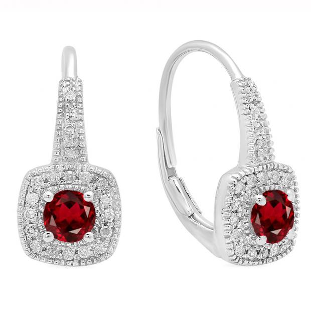 0.65 Carat (ctw) 10K White Gold Round Cut Garnet & White Diamond Ladies Halo Style Dangling Earrings