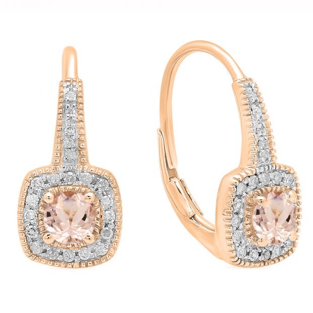0.65 Carat (ctw) 10K Rose Gold Round Cut Morganite & White Diamond Ladies Halo Style Dangling Earrings