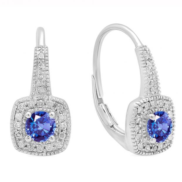 0.65 Carat (ctw) 10K White Gold Round Cut Tanzanite & White Diamond Ladies Halo Style Dangling Earrings