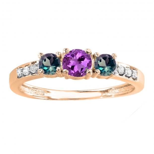 Round Amethyst Alexandrite & White Diamond Ladies Three Stone Engagement Bridal Ring | 10K Rose Gold