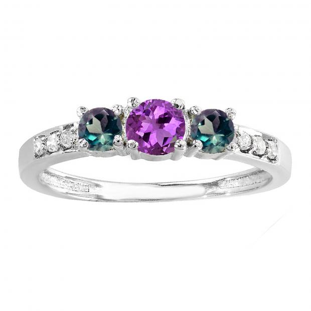 Round Amethyst Alexandrite & White Diamond Ladies Three Stone Engagement Bridal Ring | 18K White Gold