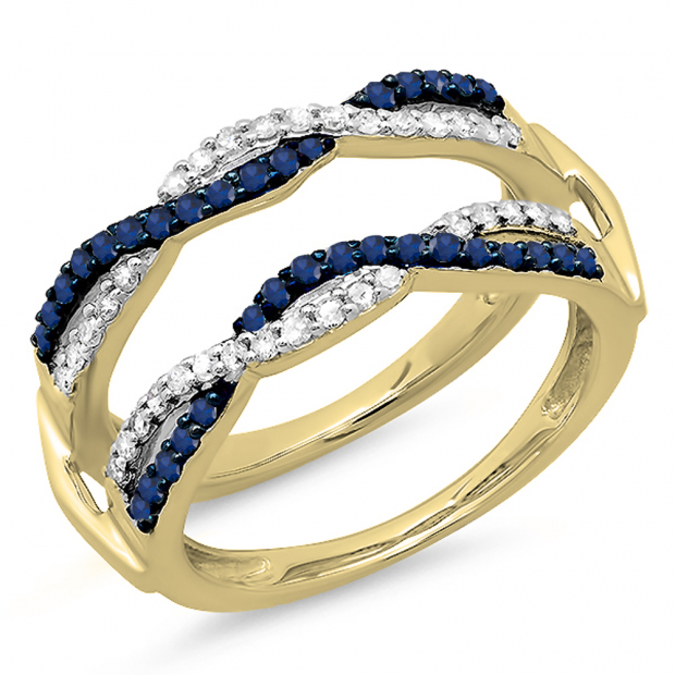 0.55 Carat (ctw) 10K Yellow Gold Blue Sapphire & White Diamond Wedding Band Guard Double Band 1/2 CT