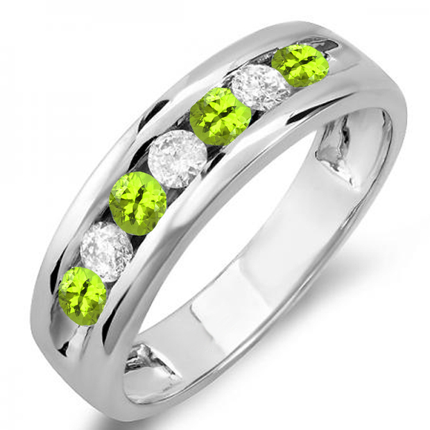 0.85 Carat (ctw) 14K White Gold Round Peridot & White Diamond Mens Anniversary Wedding Band Ring
