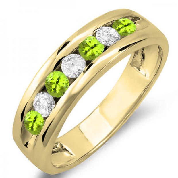 0.85 Carat (ctw) 14K Yellow Gold Round Peridot & White Diamond Mens Anniversary Wedding Band Ring