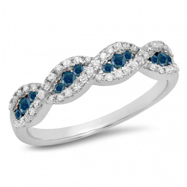 0.35 Carat (ctw) 10K White Gold Round Blue Diamond Ladies Swirl Anniversary Wedding Band Stackable Ring 1/3 CT