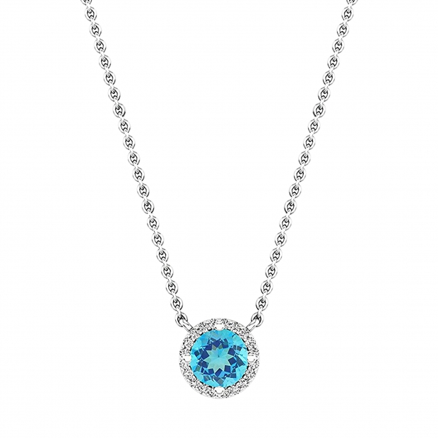6mm Round Blue Topaz and White Diamond Halo Pendant Necklace for Women with 18 inch Silver Chain in 14K White Gold