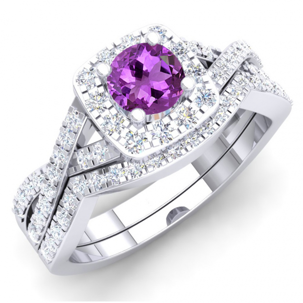 1.55 Carat (ctw) 10K White Gold Round Cut Amethyst & White Cubic Zirconia CZ Ladies Swirl Split Shank Bridal Halo Engagement Ring With Matching Band Set 1 1/2 CT