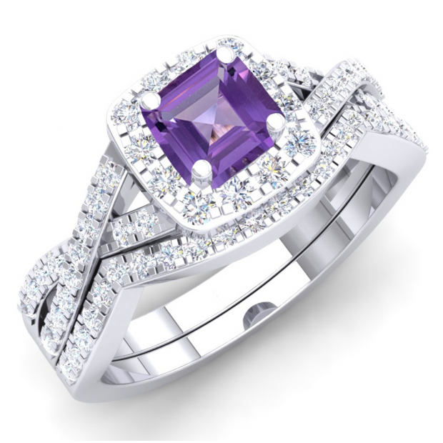 1.55 Carat (ctw) 10K White Gold Princess Cut Amethyst & Round White Cubic Zirconia CZ Ladies Swirl Split Shank Bridal Halo Engagement Ring With Matching Band Set 1 1/2 CT