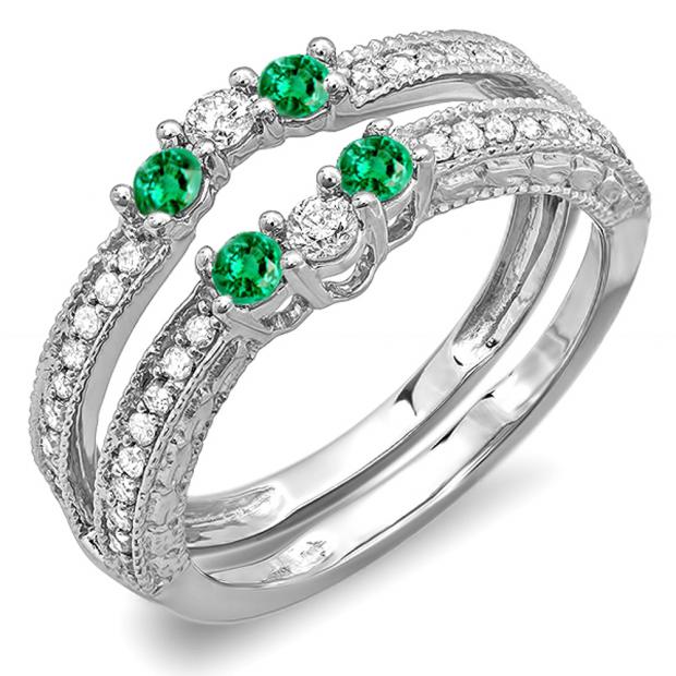0.60 Carat (ctw) 14K White Gold Round Emerald And White Diamond Ladies Anniversary Wedding Band Enhancer Guard