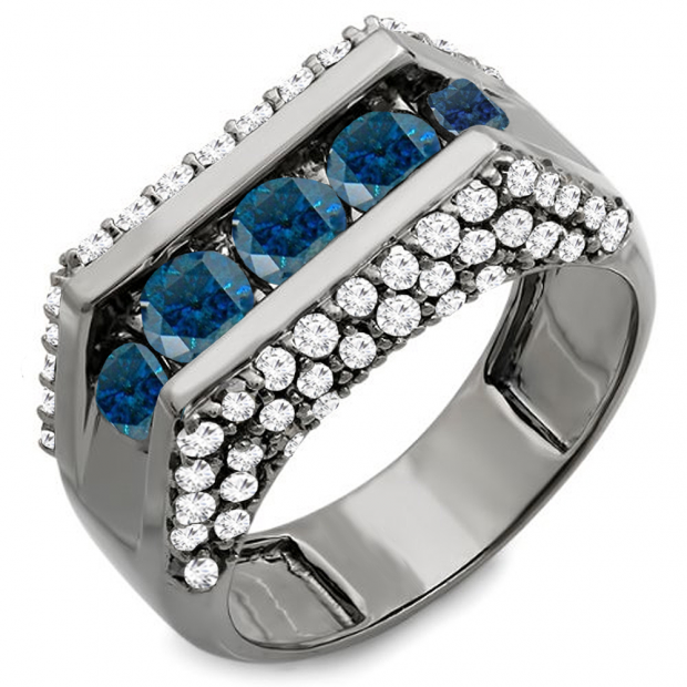 3.60 Carat (ctw) 18K Gold Round Black Rhodium Plated 5 Stone Blue & White Diamond Mens Hip Hop Ring