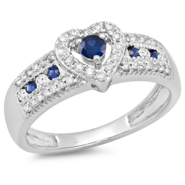 0.55 Carat (ctw) 14K White Gold Round Cut Blue Sapphire & White Diamond Ladies Bridal Heart Shaped Promise Engagement Ring 1/2 CT