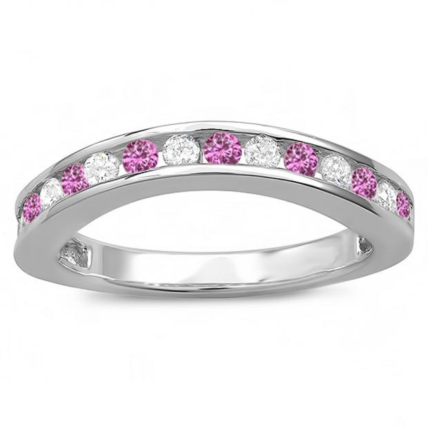 0.75 Carat (ctw) 14K White Gold Round Pink Sapphire & Diamond Ladies Curved Guard Matching Bridal Wedding Band 3/4 CT