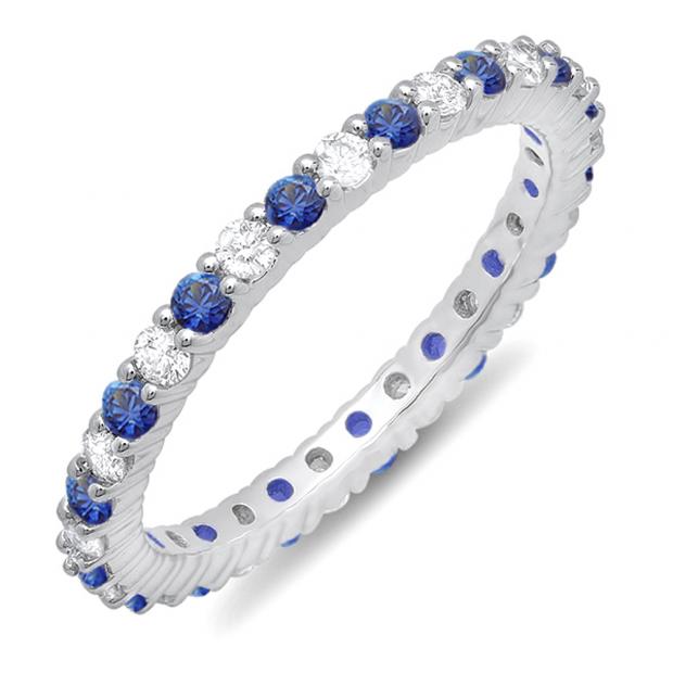 1.00 Carat (ctw) 18K White Gold Round Blue Sapphire & White Diamond Ladies Eternity Anniversary Stackable Ring Wedding Band 1 CT