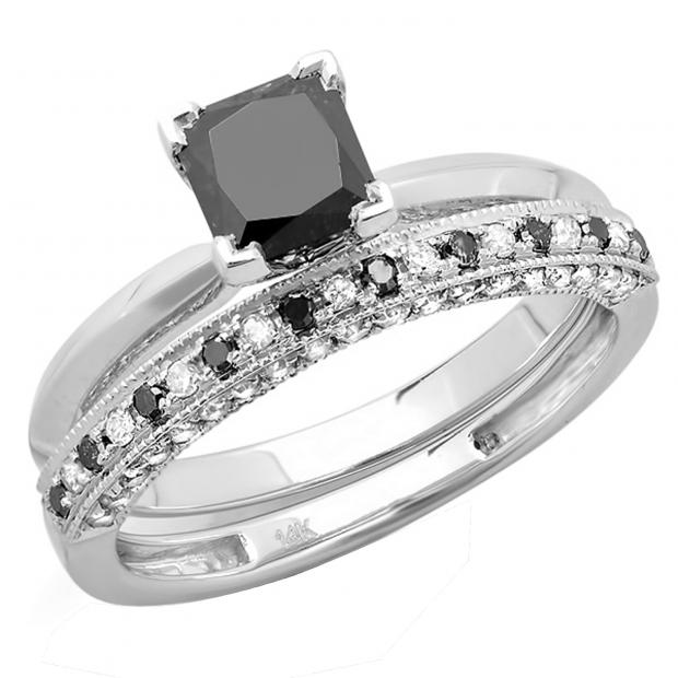 1.50 Carat (ctw) 10K White Gold Princess Cut Black & Round White Diamond Ladies Bridal Solitaire Engagement Ring With Matching Milgrain Wedding Band Set 1 1/2 CT