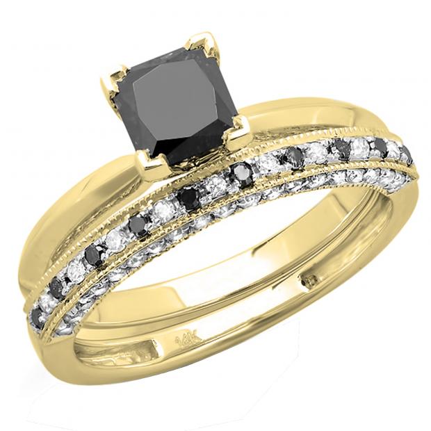 1.50 Carat (ctw) 10K Yellow Gold Princess Cut Black & Round White Diamond Ladies Bridal Solitaire Engagement Ring With Matching Milgrain Wedding Band Set 1 1/2 CT