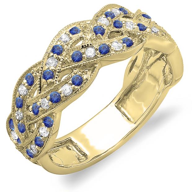 0.58 Carat (ctw) 10K Yellow Gold Round White Diamond & Blue Sapphire Ladies Anniversary Wedding Matching Band Stackable Swirl Ring 1/2 CT