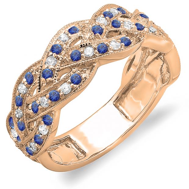 0.58 Carat (ctw) 14K Rose Gold Round White Diamond & Blue Sapphire Ladies Anniversary Wedding Matching Band Stackable Swirl Ring 1/2 CT
