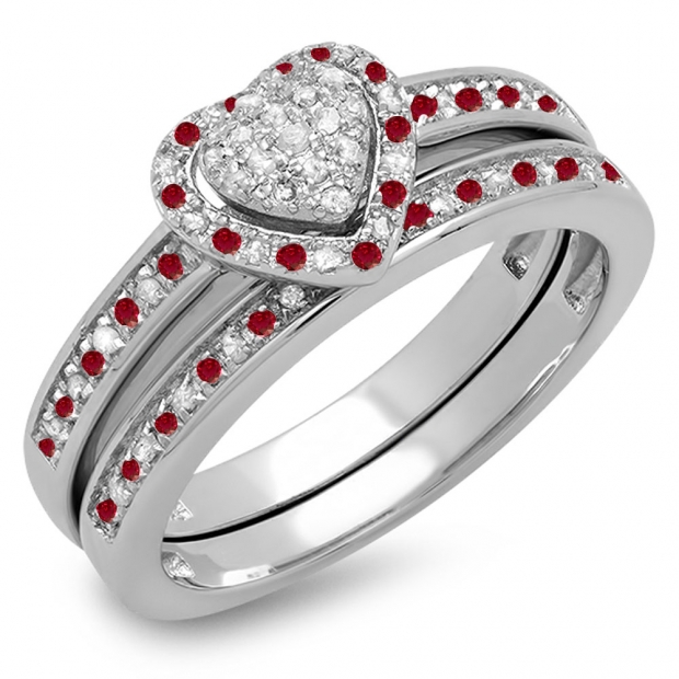 0.23 Carat (ctw) Sterling Silver Round Ruby & White Diamond Ladies Heart Shaped Bridal Engagement Ring With Matching Band Set 1/4 CT