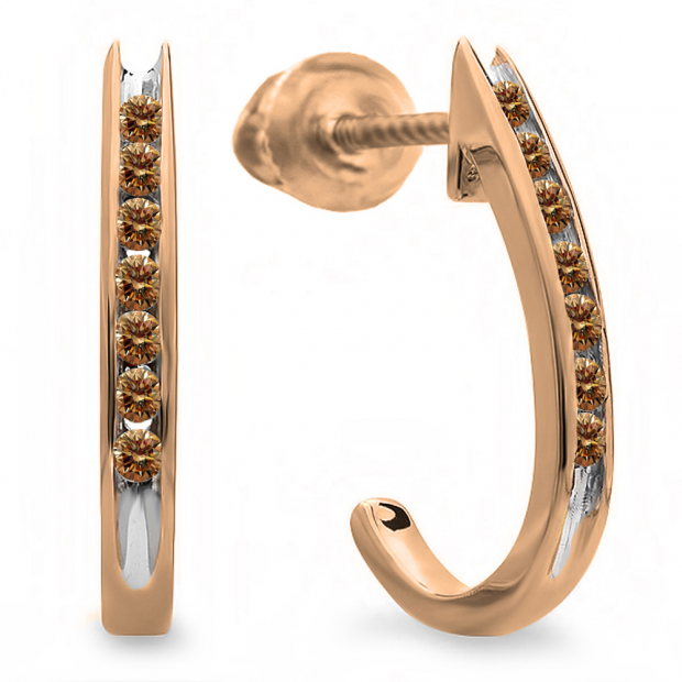0.15 Carat (ctw) 10K Rose Gold Round Champagne Diamond Ladies Fancy J Shaped Hoop Earrings 1/4 CT