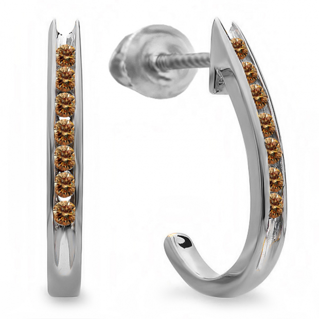 0.15 Carat (ctw) 10K White Gold Round Champagne Diamond Ladies Fancy J Shaped Hoop Earrings 1/4 CT