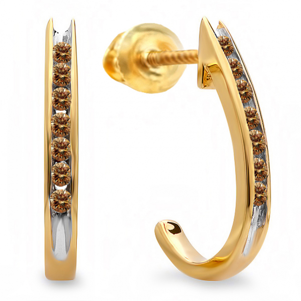 0.15 Carat (ctw) 10K Yellow Gold Round Champagne Diamond Ladies Fancy J Shaped Hoop Earrings 1/4 CT